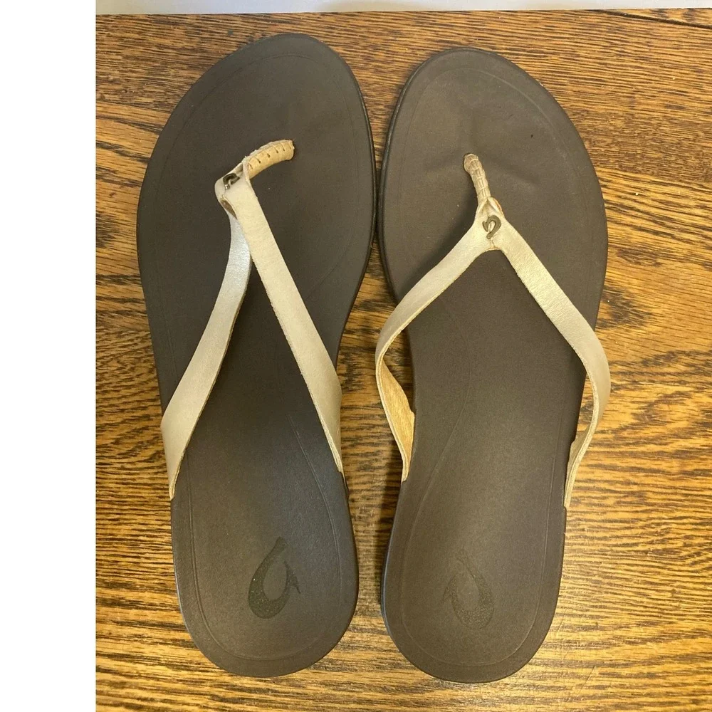 OluKai Ho'opio Leather Flip Flop Sandals Gold Brown Womens 9 20290-FA48 - Picture 6 of 7